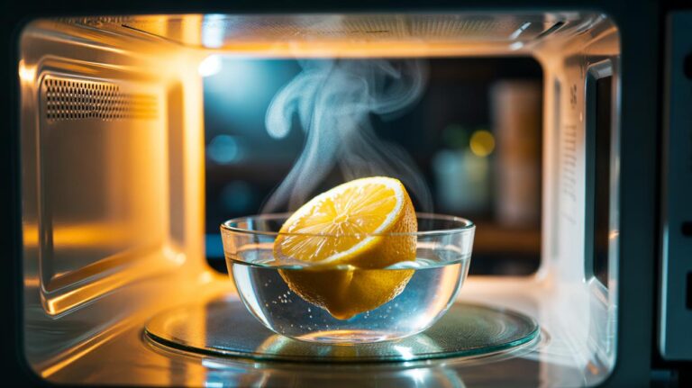 Illustration of a lemon half steaming in a microwave to neutralise odours in one minute