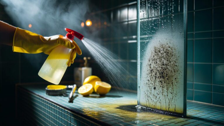 Illustration of lemon juice being sprayed onto mouldy shower tiles and glass, dissolving limescale and biofilm on contact