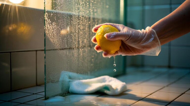 Illustration of lemon juice being applied to a glass surface to dissolve hard water spots and limescale