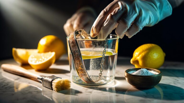 Illustration of lemon juice being used to clean tarnished jewellery, with citric acid removing oxidation for a like-new shine in 60 seconds