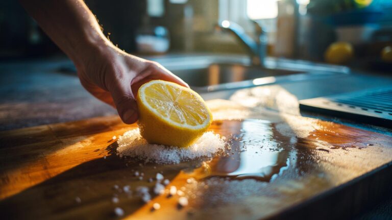 Illustration of a lemon slice used to clean stains on a chopping board, revealing a brighter, grease-free surface.