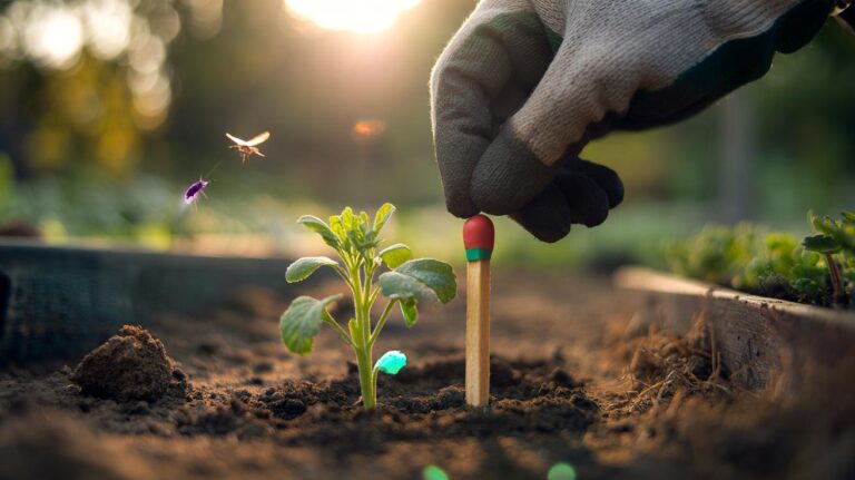 Illustration of a gardener's hand dropping an unlit matchstick into a planting hole next to a seedling to deter pests
