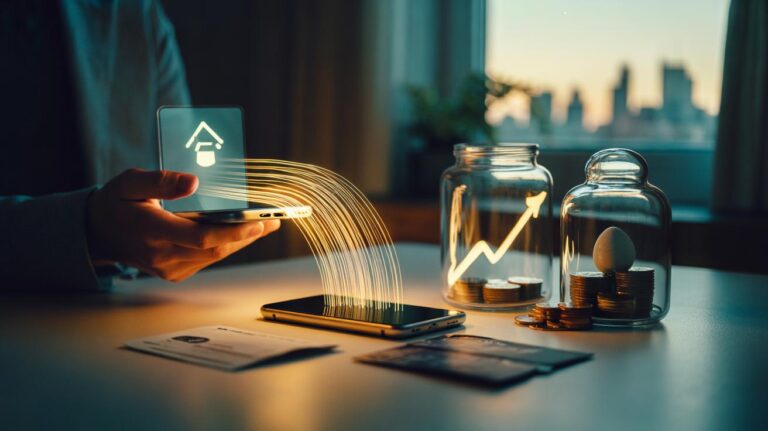 Illustration of a smartphone displaying a 1-minute “Pay Yourself First” reminder and automated transfers to savings and investment accounts