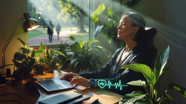 Illustration of houseplants on a work desk that lower stress hormones more than walking outside