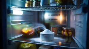 Illustration of an open refrigerator with a shallow dish of baking soda on a shelf absorbing odours