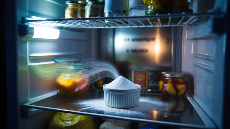 Illustration of an open refrigerator with a shallow dish of baking soda on a shelf absorbing odours