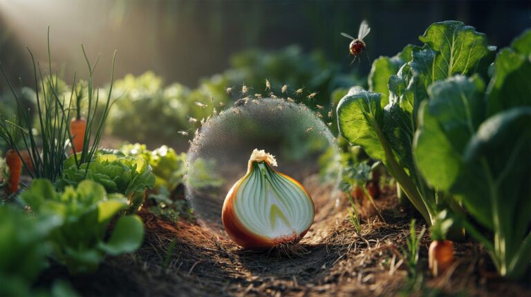 Illustration of an onion quarter placed beside vegetable seedlings to repel aphids and other pests via sulphur volatiles