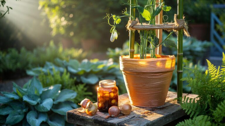 Illustration of onion-skin dye applied to garden ties, canes, and pot wraps to enrich the perceived colour of nearby foliage using natural plant pigments