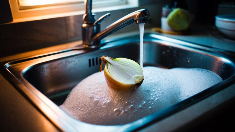 Illustration of a fresh onion slice placed on overflowing kitchen sink soap suds, with foam collapsing due to enzyme action
