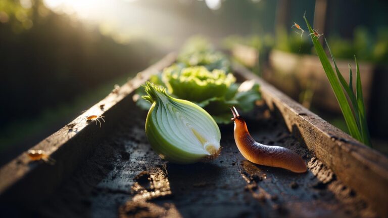 Illustration of onion slices placed near young plants in a garden bed to deter slugs and aphids as a natural pest control method