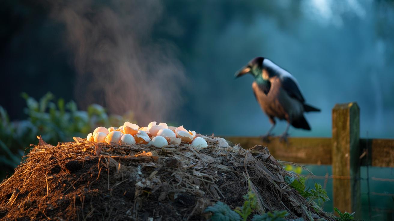 Illustration of a compost pile topped with crushed eggshells at dusk, deterring birds and enhancing overnight breakdown