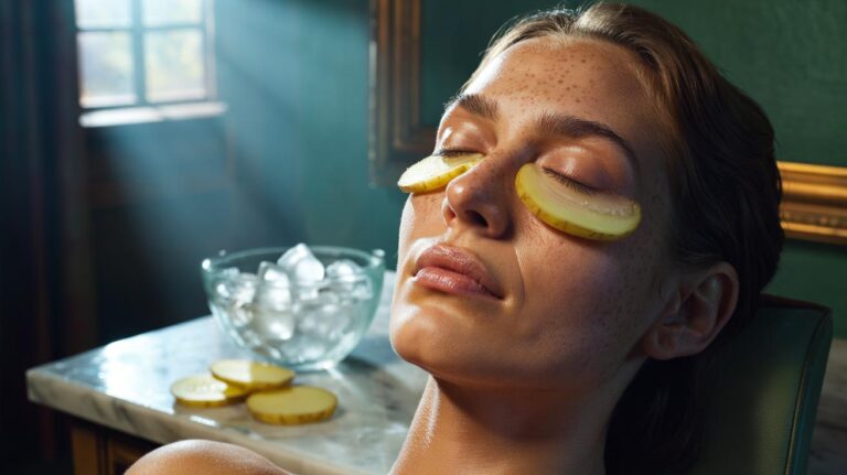 Illustration of chilled potato slices placed over closed eyes to reduce under-eye bags through temporary skin tightening