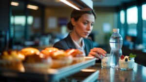Illustration of a person redirecting attention from pastries to water and yoghurt to prevent binge eating