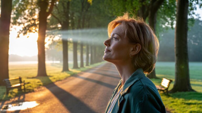 Illustration of a person stepping outside in early morning light, looking toward the sky while taking a gentle walk