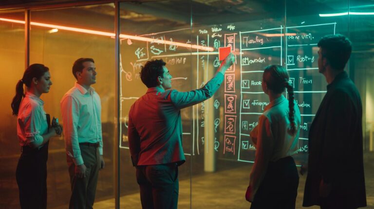 Illustration of a team publicly committing tasks on a shared dashboard to harness commitment bias and accelerate coordinated group dynamics