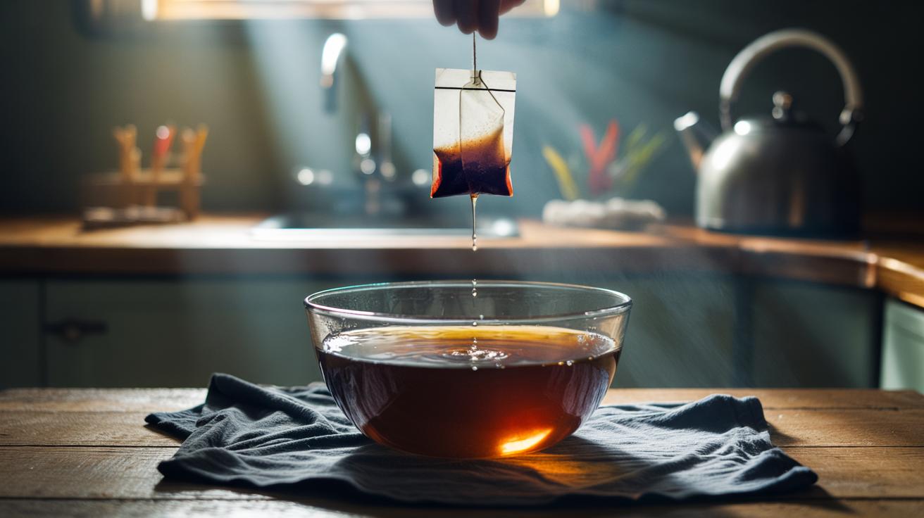 Illustration of a black tea bag used to revive faded dark clothes