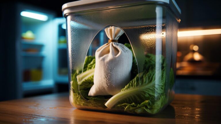Illustration of dry rice in a small sachet inside a container with droopy lettuce leaves, absorbing excess moisture to restore crispness