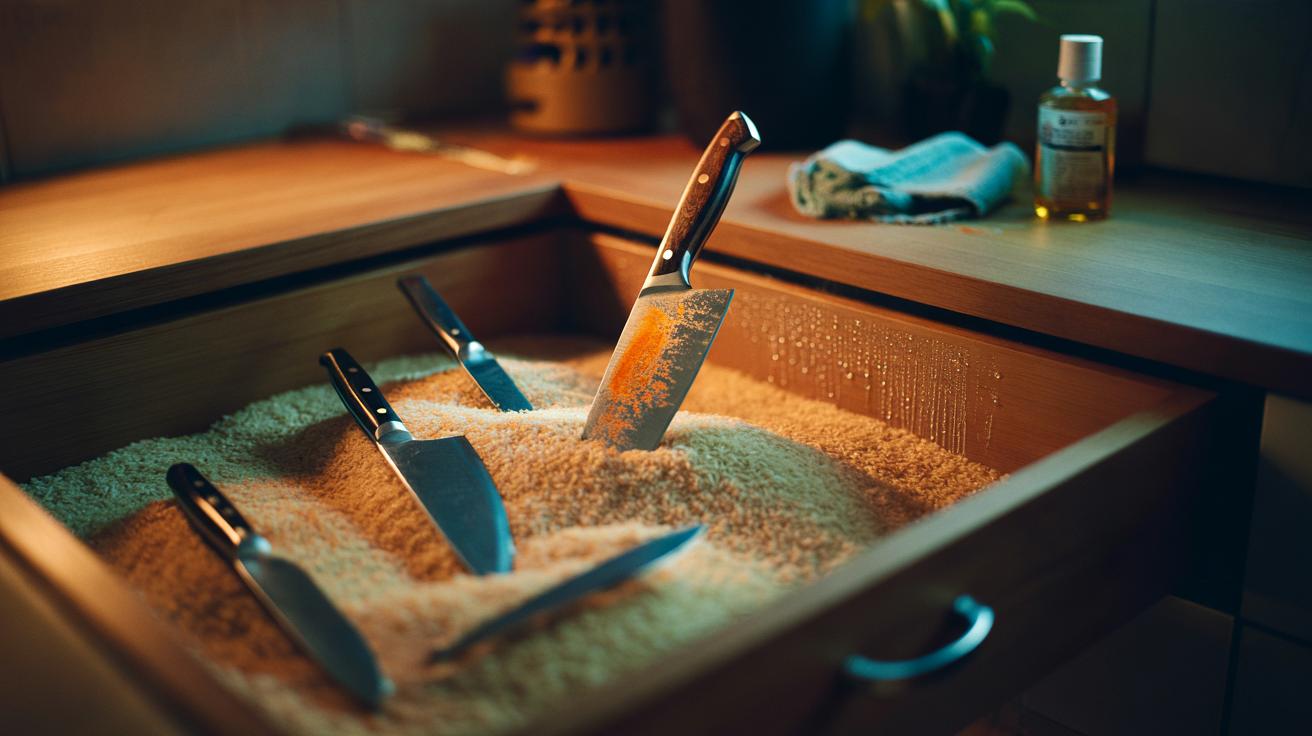 Illustration of a rusty knife drawer with blades buried in dry rice to absorb moisture and restore metal shine