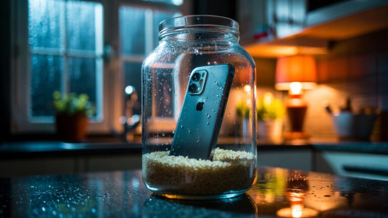 Illustration of a water-damaged smartphone sealed in a jar of uncooked rice to draw out moisture overnight