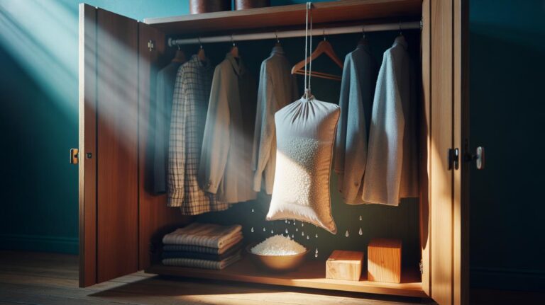 Illustration of breathable sachets filled with uncooked rice placed inside an open wardrobe to absorb humidity and neutralise musty odours overnight