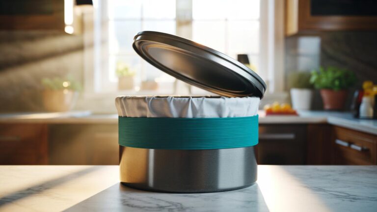 Illustration of a rubber band wrapped around a bin’s rim to secure a liner and prevent mess