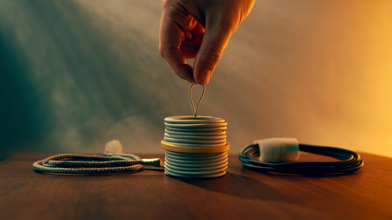 Illustration of rubber band loops securing coiled cords to prevent tangles