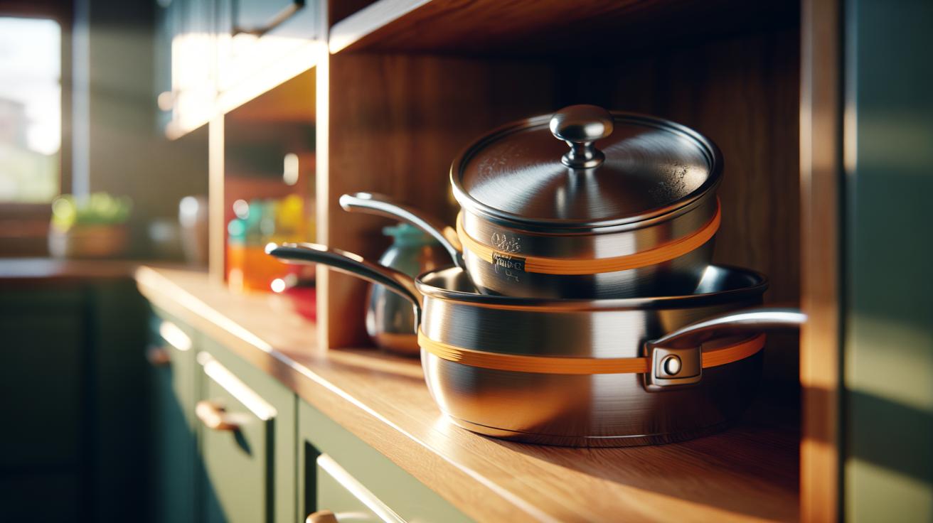 Illustration of rubber bands holding saucepan lids together and to their pans inside an organized kitchen cupboard