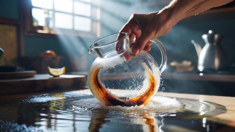 Illustration of coarse salt being swirled with a splash of water inside a glass coffee pot to scrub away brown coffee residue in under a minute