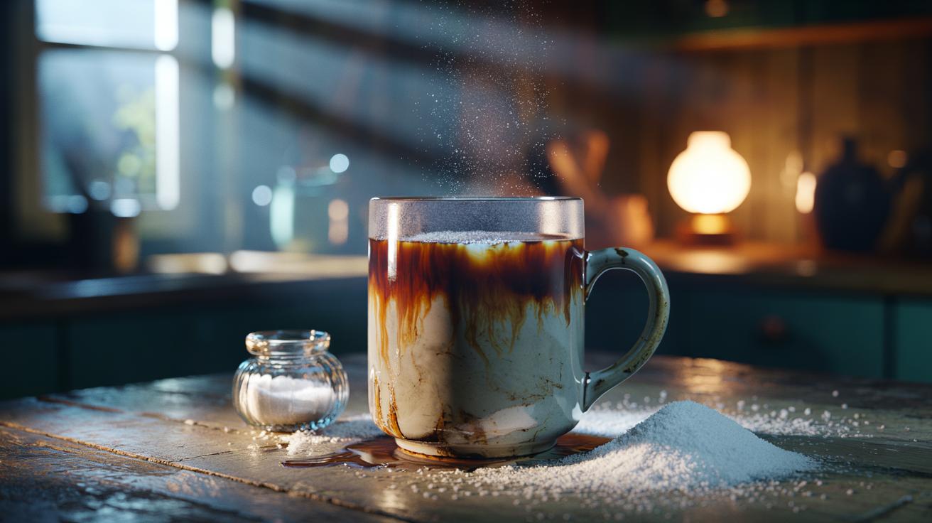 Illustration of a coffee-stained ceramic mug filled with salt water, with osmotic action drawing out brown pigments overnight