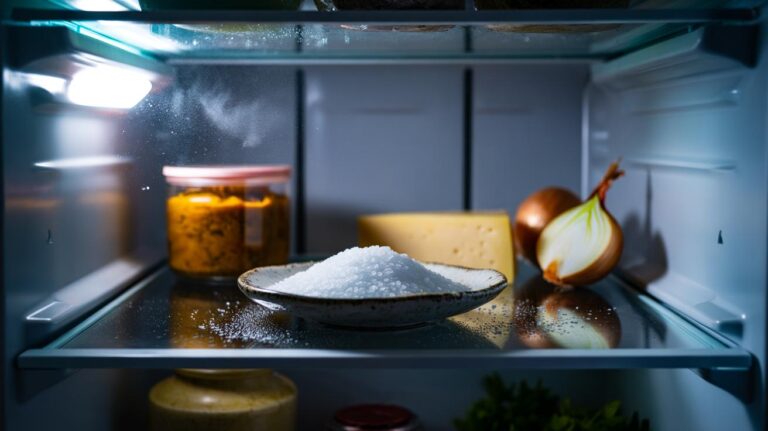 Illustration of a shallow dish of coarse salt on a refrigerator shelf absorbing moisture to reduce odours within six hours
