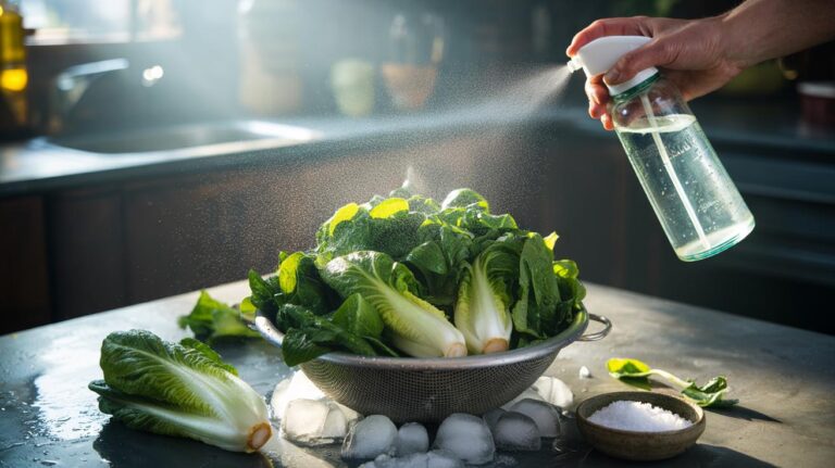 Illustration of a spray bottle misting dulled leafy greens with a mild salt solution to quickly revive freshness