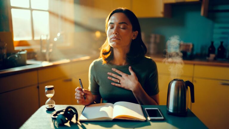 Illustration of a person practising a 10-minute daily stress-relief routine with breathwork, a brief brain dump on paper, and a simple micro-win action