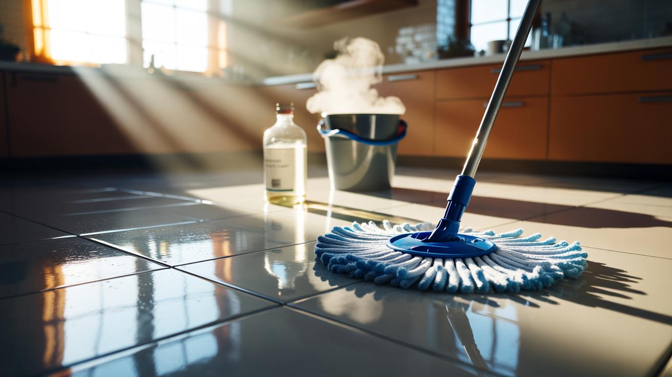 Illustration of a microfiber mop and a bottle of white vinegar used on a sealed tile floor to produce a mirror-like shine