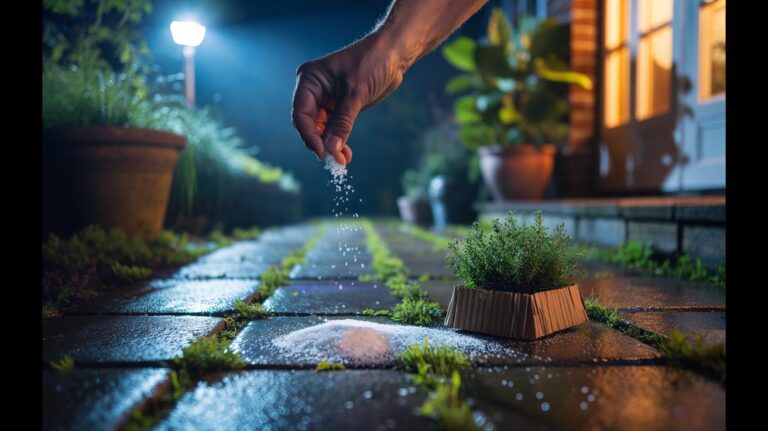 Illustration of salt being precisely applied at night to weeds in paving cracks to dehydrate them while protecting nearby plants