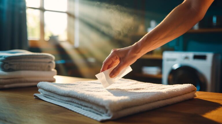 Illustration of a dryer sheet being swiped across a clean towel to restore softness in 10 seconds