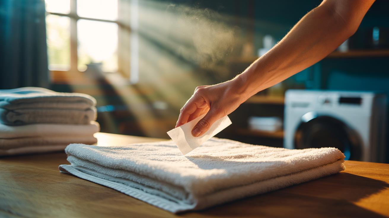 Illustration of a dryer sheet being swiped across a clean towel to restore softness in 10 seconds