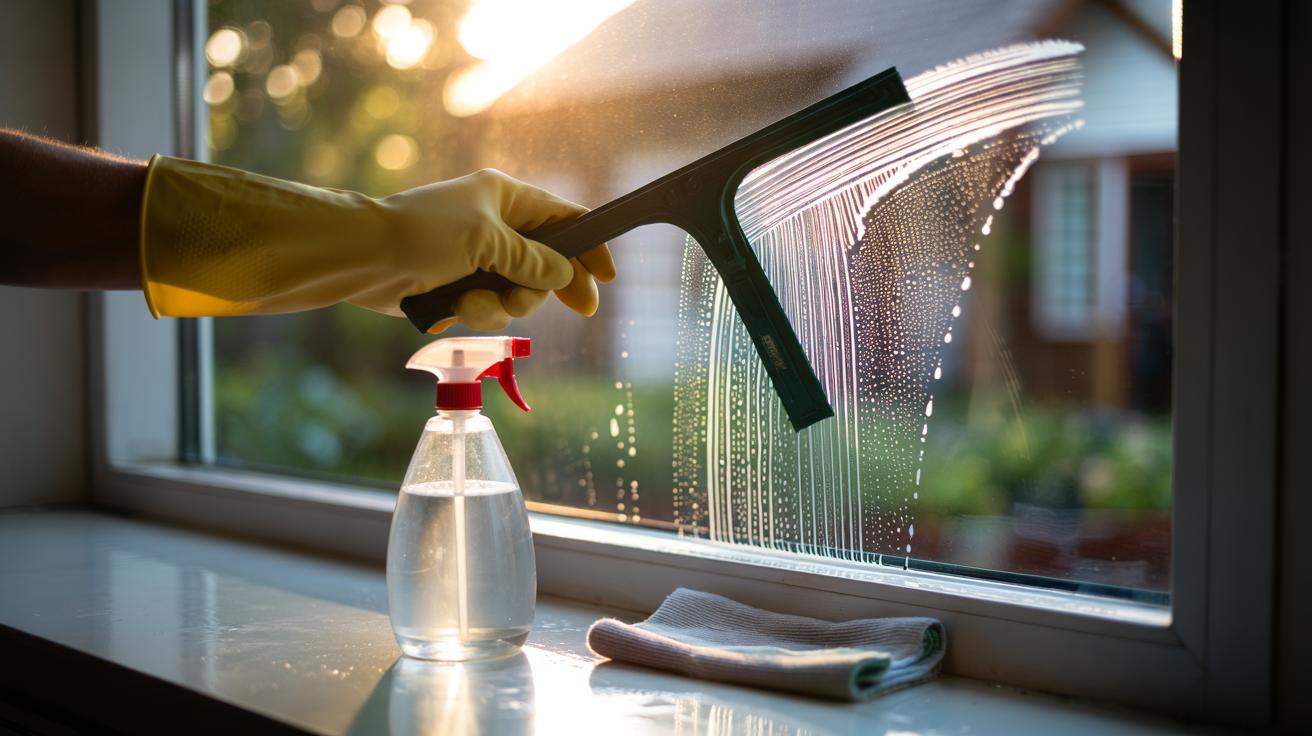 Illustration of a squeegee and white vinegar spray being used to clean a window, leaving streak-free, crystal-clear glass