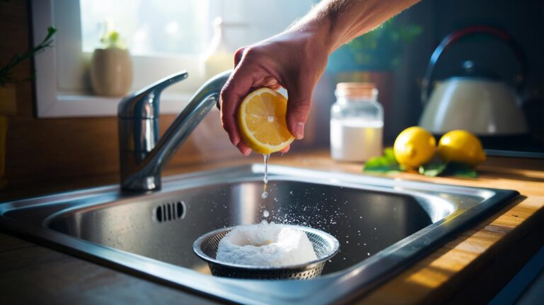 Illustration of lemon juice being squeezed into a kitchen sink drain to eliminate odours