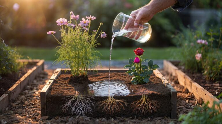 Illustration of a gardener applying a dextrose solution to the soil around wilting flowers in a garden bed.