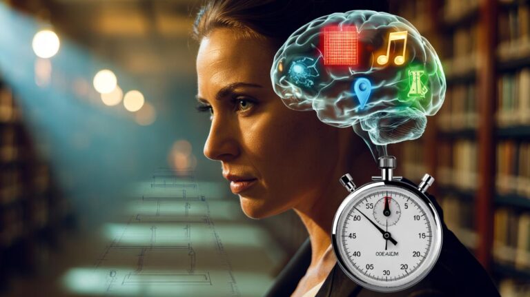 Illustration of a human brain using memory anchors—colors, sounds, and locations—paired with a stopwatch to represent doubled recall speed.