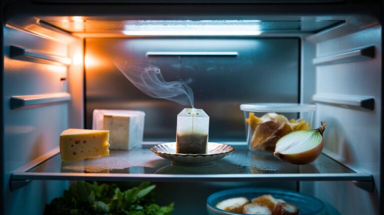 Illustration of a tea bag on a small dish inside a refrigerator to absorb and neutralise odours in 60 seconds