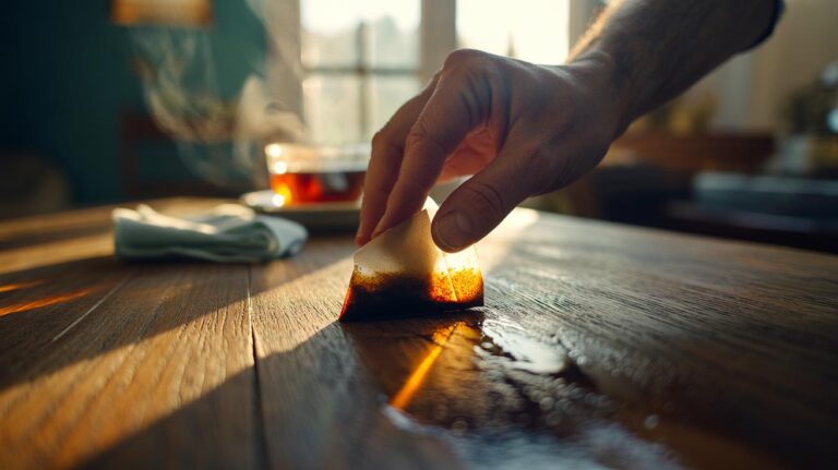 Illustration of a hand rubbing a used tea bag along the grain of a dull wooden table to restore a warm, polished sheen with tannins