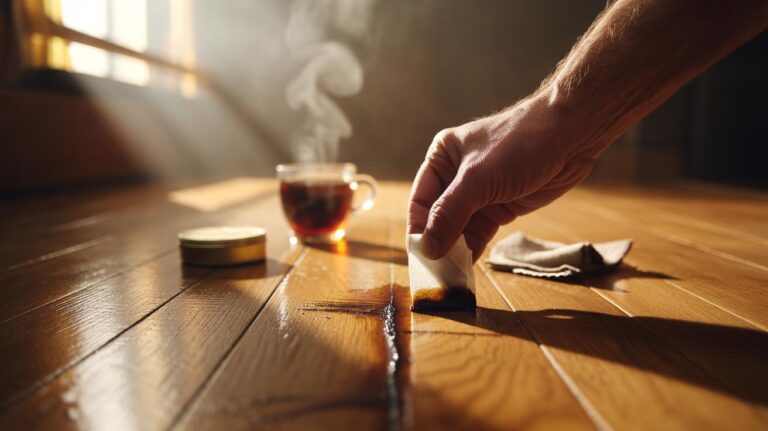 Illustration of a tea bag being applied to a scratched wooden floor to blend imperfections with tannic acid