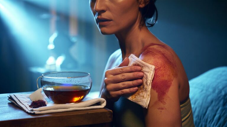 Illustration of a person applying a chilled tea-soaked cloth compress to a sunburned shoulder