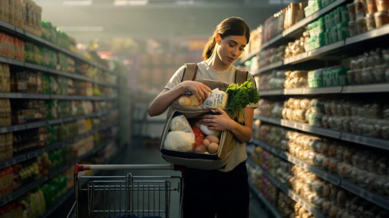 Illustration of a shopper in a UK supermarket using a small 10-litre backpack instead of a trolley to cap purchases and save £50 a month