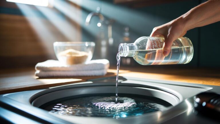 Illustration of distilled white vinegar being poured into a washing machine’s rinse compartment to soften fabrics, remove odours, and prevent residue