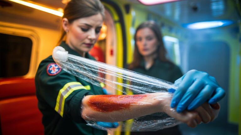 Illustration of a paramedic applying cling film to a cooled forearm burn after 20 minutes under running water