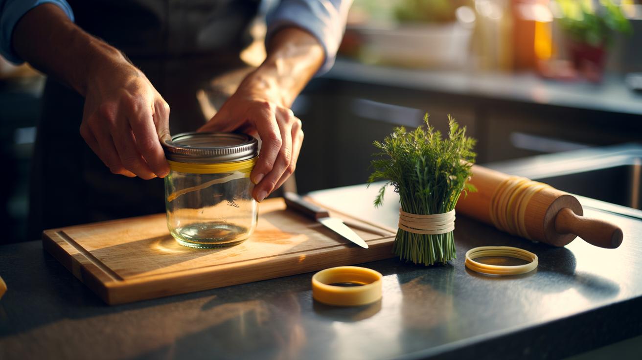 Illustration of a rubber band used in kitchen prep to add grip on a jar lid, stabilize a cutting board, bundle herbs, and guide rolling pin thickness