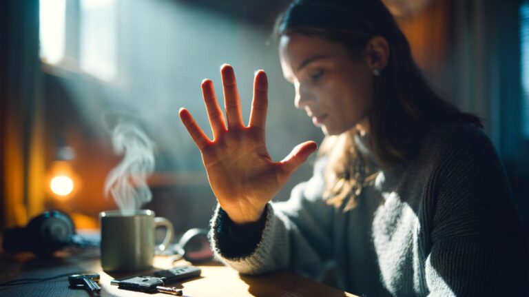 Illustration of a hand demonstrating the five-finger grounding trick to stop a panic attack