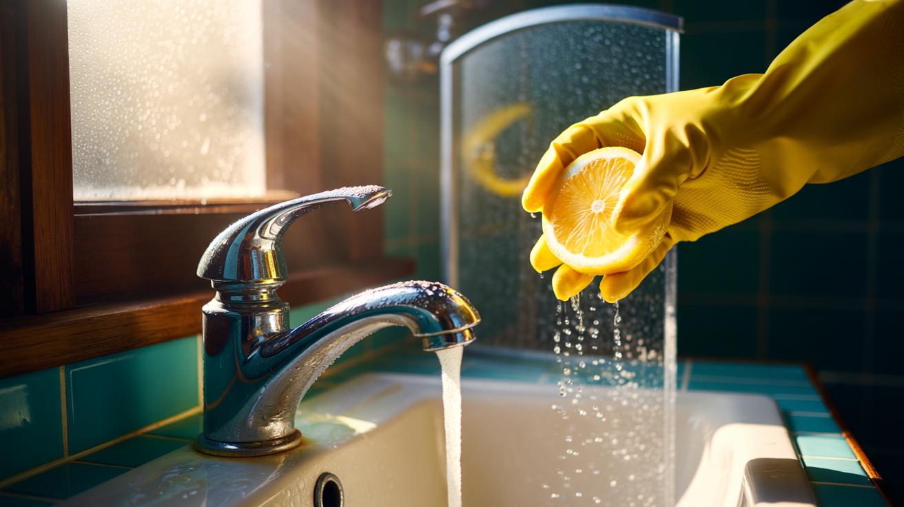 Illustration of a halved lemon being rubbed on limescale deposits on a chrome bathroom tap